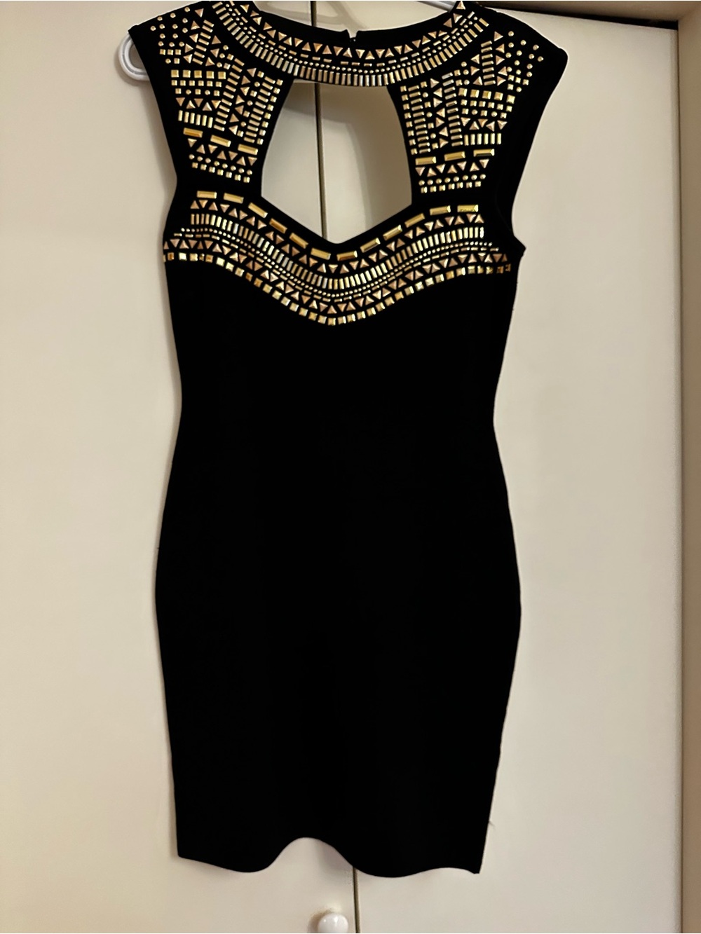 BEBE Black Bodycon Dress with Gold Geometric Accents (Size Large) worn once